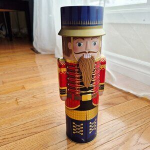 Tin Toy Soldier Nutcracker EMPTY Candy Cookie Holiday Metal Can Container 12"